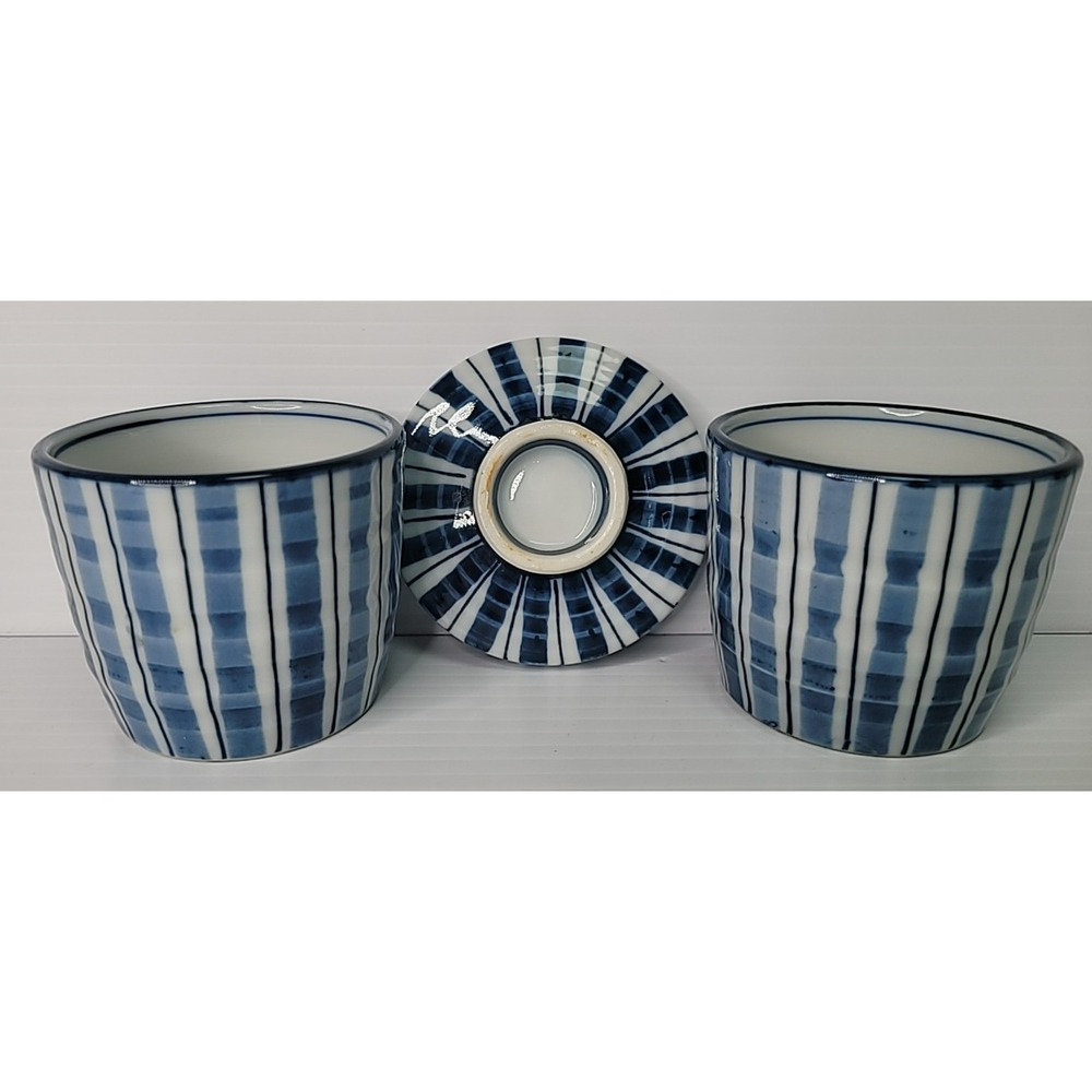Arita Ware Chawanmushi Blue & White Underglaze Striped Cups Signed 1 Lid Japan
